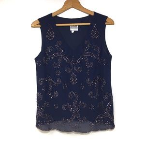 R & M Richards Metallic Beaded V Neck Navy Top 14